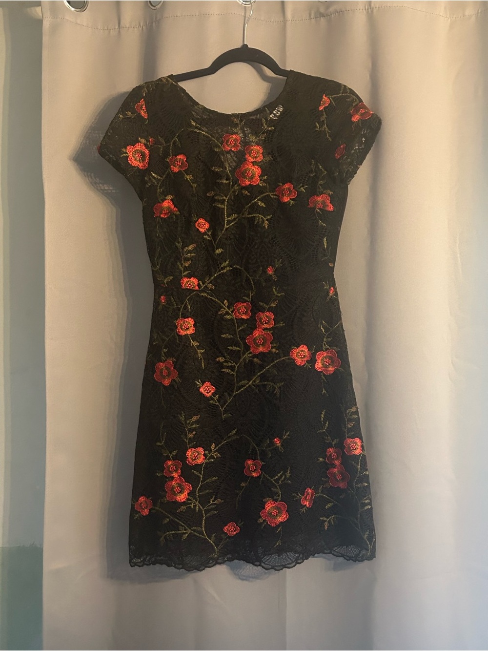 Lucy Paris Black Mini Dress with Red Floral Embroidery
